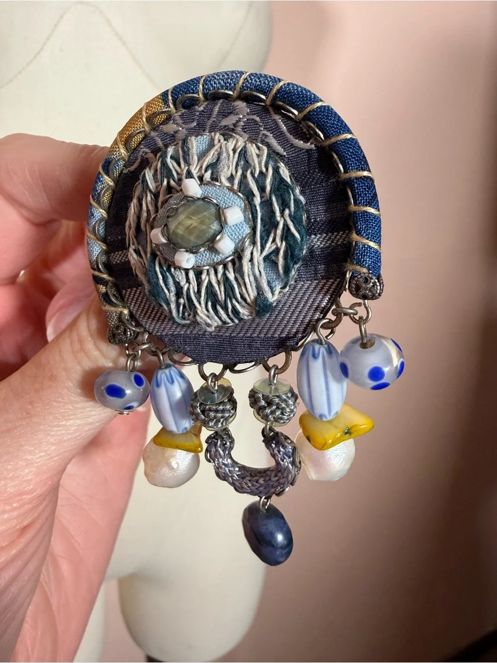 Ayala Bar artisan mixed media blue oversized brooch pendent